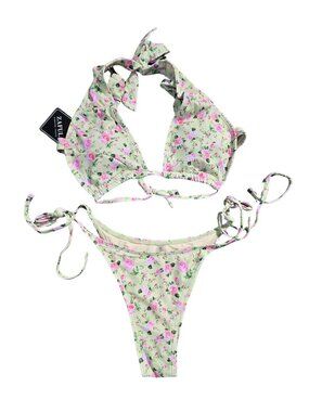 NWT | Zaful Sage Green Pink Floral Ruffle Tie Side High Cut Bikini Set | Small